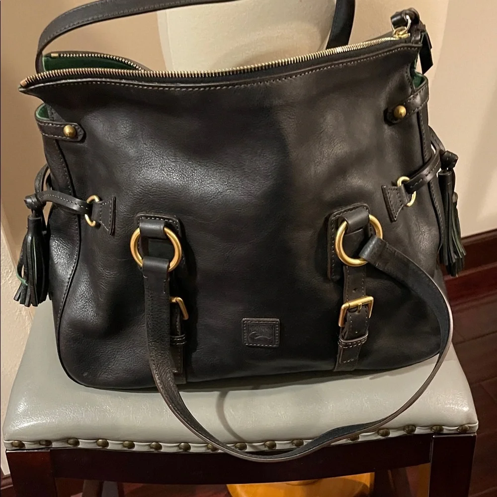 Dooney & Bourke Florentine Black Leather Shoulder Bag with Gold Accents - Picture 1 of 9